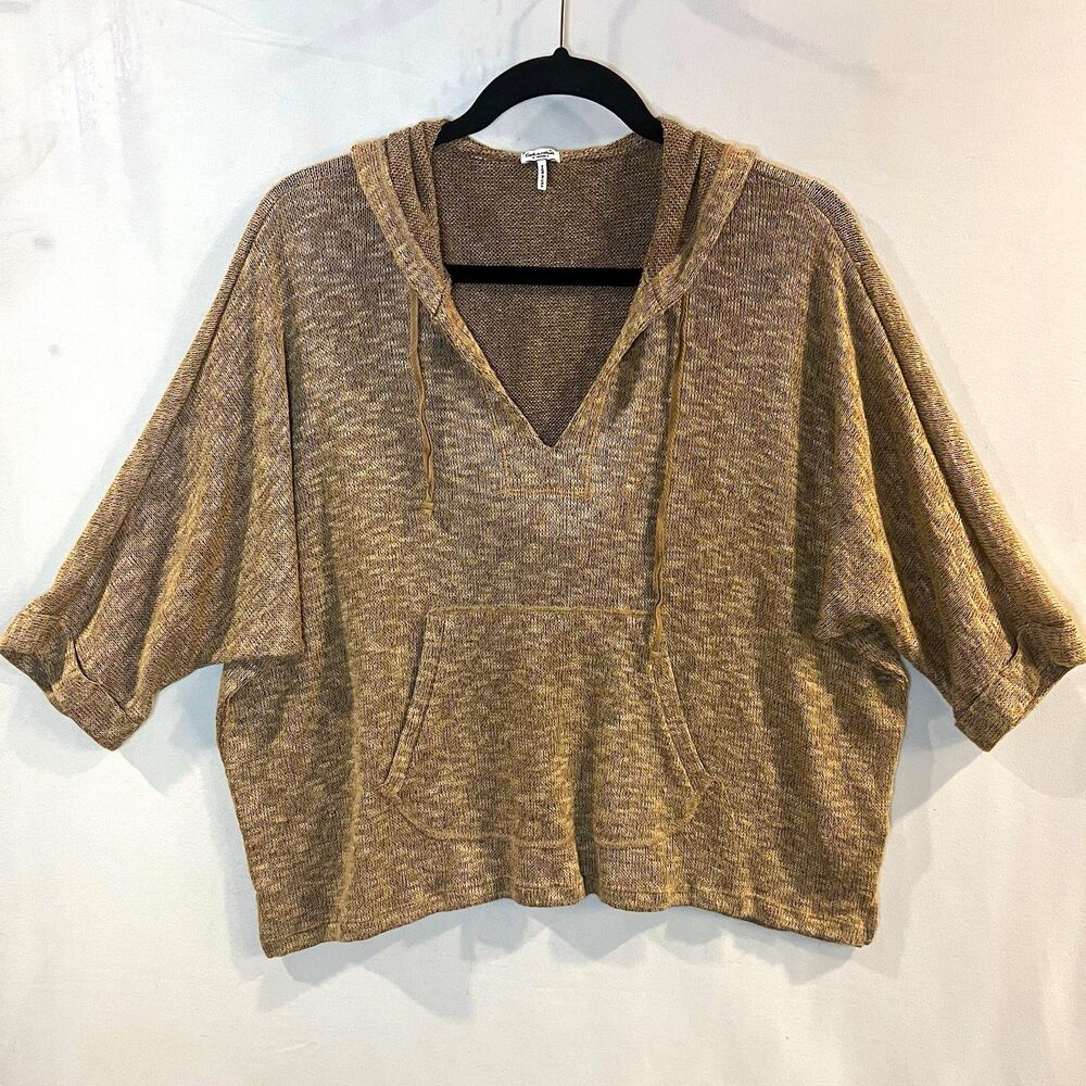 Splendid Knit Hoodie Lightweight Short Sleeve V-Neck Brown Drawstring Size XS
